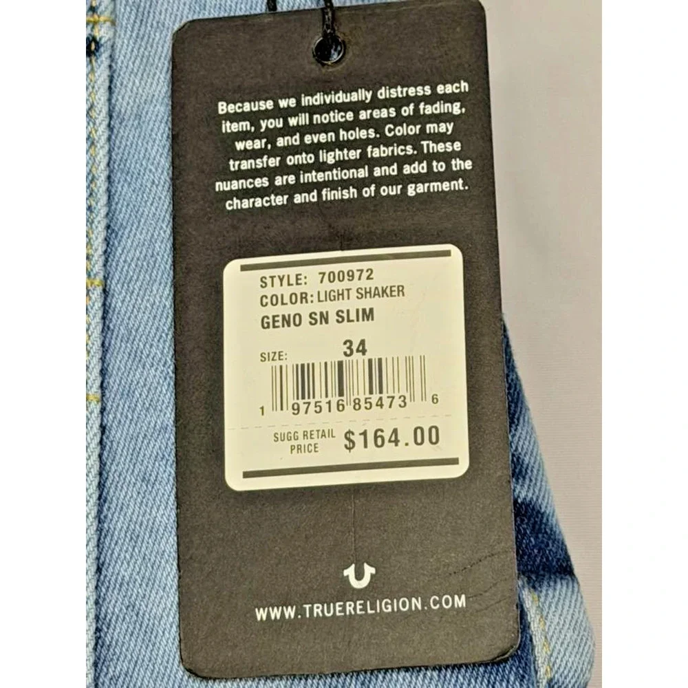 True Religion Men’s Geno SN Slim Relaxed Jeans– Light Shaker Wash –Size 34 NWT